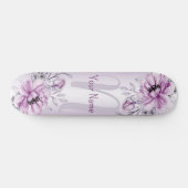 Monogram Naam Roze Floral Violet Paarse Modern Persoonlijk Skateboard (Horizontaal)