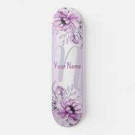Monogram Naam Roze Floral Violet Paarse Modern Persoonlijk Skateboard