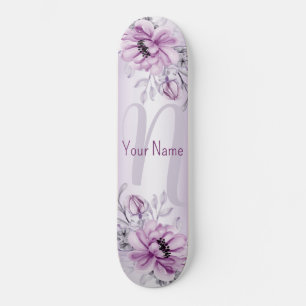 Monogram Naam Roze Floral Violet Paarse Modern Persoonlijk Skateboard