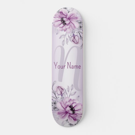 Monogram Naam Roze Floral Violet Paarse Modern Persoonlijk Skateboard (Voorkant)