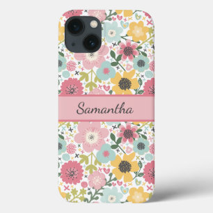 Monogram naam roze geel blauw bloemmotief Case-Mate iPhone case