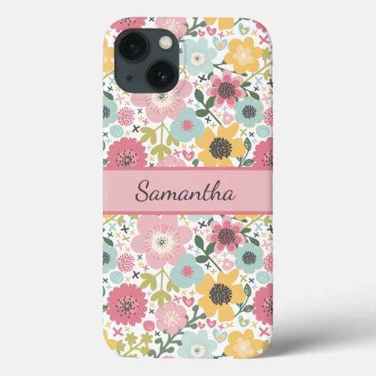 Monogram naam roze geel blauw bloemmotief  Case-Mate iPhone case (Achterkant)