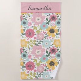 Monogram naam roze geel blauw bloemmotief  strandlaken