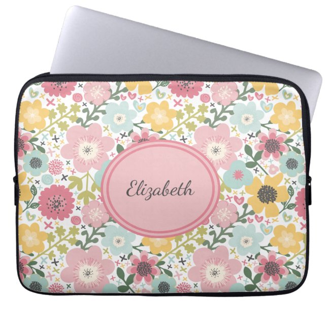 Monogram Naam Roze Geel Blauw Floral Feminine Laptop Sleeve (Voorkant)