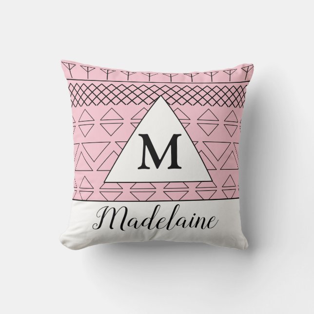 Monogram Naam Roze Geometrisch Patroon Print Kussen (Voorkant)