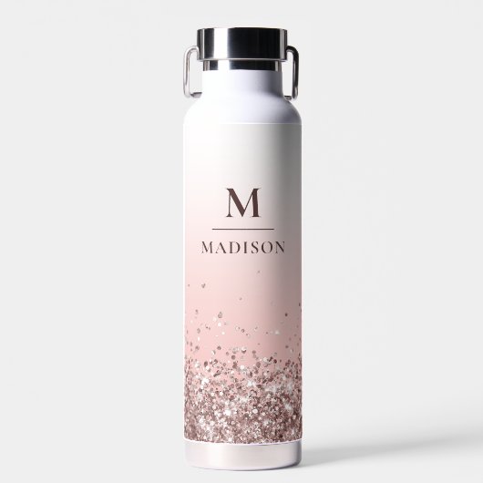 Monogram Naam Roze Glitter Stijlvol Monogrammen Waterfles (Voorkant)