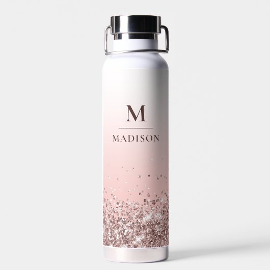 Monogram Naam Roze Glitter Stijlvol Monogrammen Waterfles (Achterkant)
