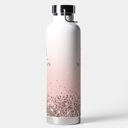 Monogram Naam Roze Glitter Stijlvol Monogrammen Waterfles (Links)