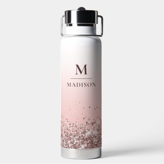 Monogram Naam Roze Glitter Stijlvol Monogrammen Waterfles (Achterkant)
