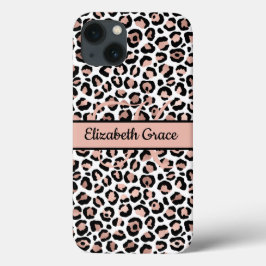 Monogram naam roze goud zwart luipaardprint iPhone 16 hoesje