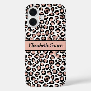 Monogram naam roze goud zwart luipaardprint iPhone 16 hoesje