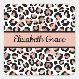 Monogram naam roze goud zwart luipaardprint vierkante sticker