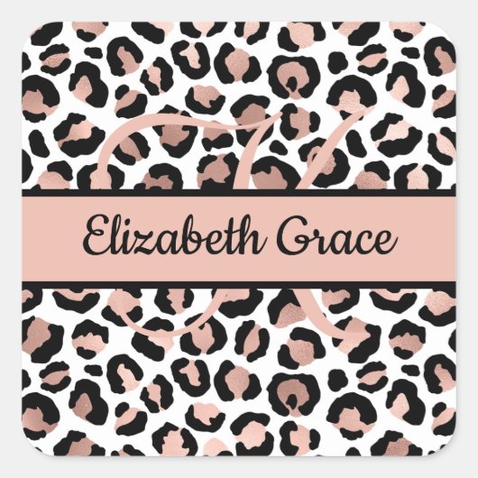 Monogram naam roze goud zwart luipaardprint vierkante sticker (Voorkant)