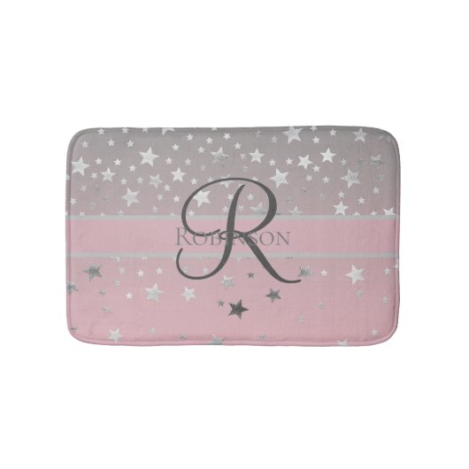 Monogram Naam Roze Grijs Zilver Sterren Trendy Badmat (Voorkant)