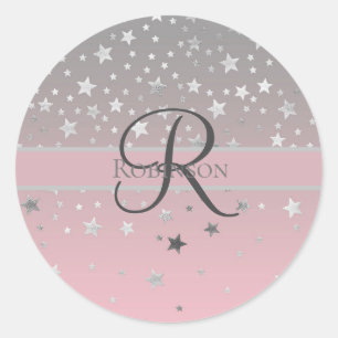 Monogram naam roze grijs zilver sterren trendy   ronde sticker