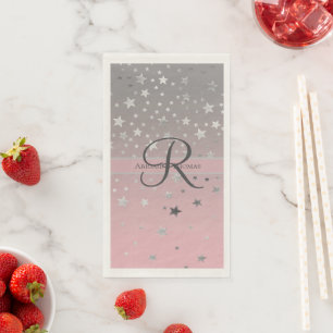 Monogram Naam Roze Grijs Zilveren Sterren Bruiloft Servet