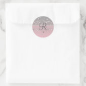 Monogram naam Roze grijze zilversterren Trendy Ronde Sticker (Tas)