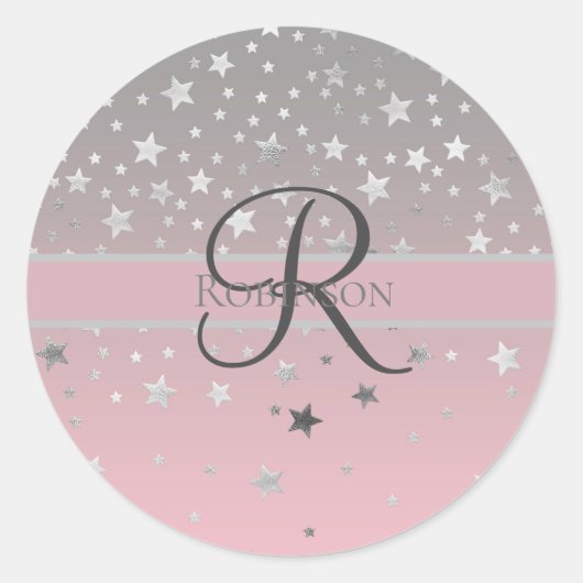 Monogram naam Roze grijze zilversterren Trendy Ronde Sticker (Voorkant)