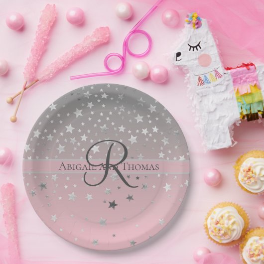 Monogram naam Roze grijze zilversterren Weddenscha Papieren Bordje (Feest)