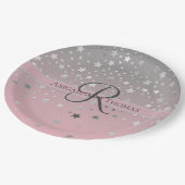 Monogram naam Roze grijze zilversterren Weddenscha Papieren Bordje (Gekanteld)
