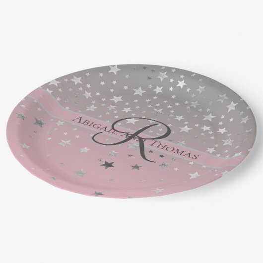 Monogram naam Roze grijze zilversterren Weddenscha Papieren Bordje (Gekanteld)
