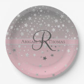 Monogram naam Roze grijze zilversterren Weddenscha Papieren Bordje (Voorkant)