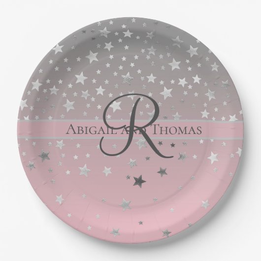 Monogram naam Roze grijze zilversterren Weddenscha Papieren Bordje (Voorkant)