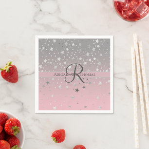 Monogram naam Roze grijze zilversterren Weddenscha Servet