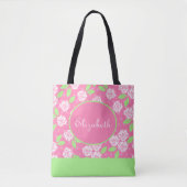 Monogram naam Roze Groen Shabby Chic Bloem Tote Bag (Voorkant)