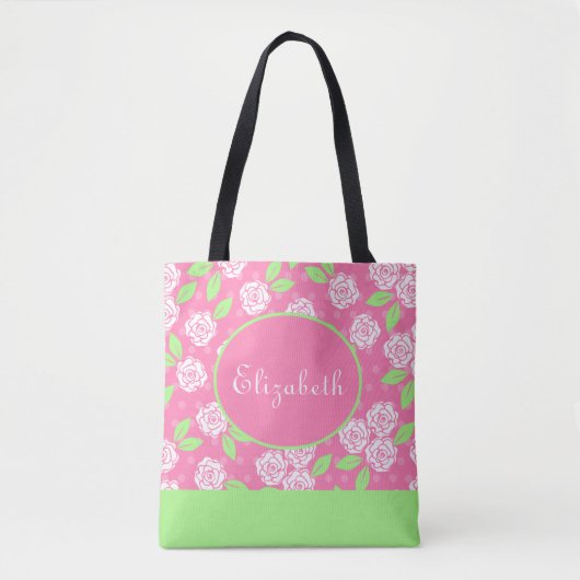 Monogram naam Roze Groen Shabby Chic Bloem Tote Bag (Voorkant)