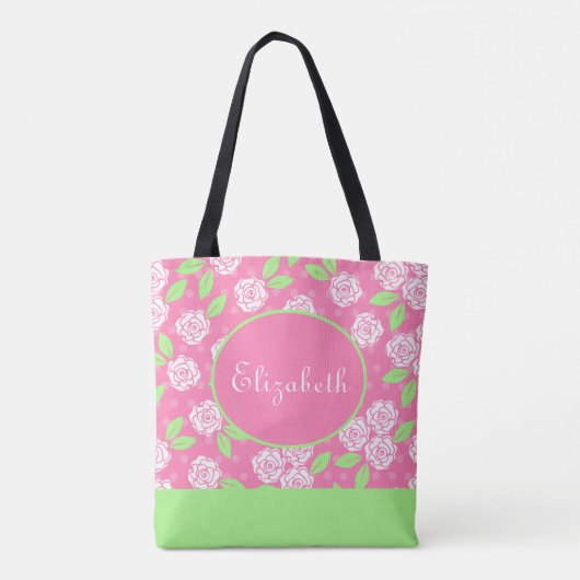 Monogram naam Roze Groen Shabby Chic Bloem Tote Bag (Achterkant)