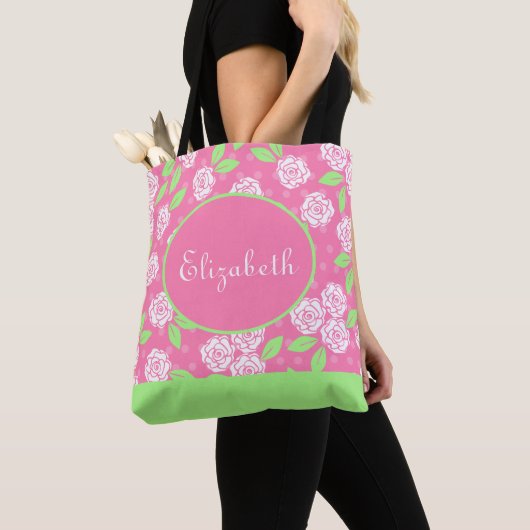 Monogram naam Roze Groen Shabby Chic Bloem Tote Bag (Dichtbij)