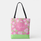 Monogram naam Roze Groen Shabby Chic Bloemig Tote Bag (Achterkant)