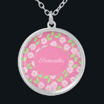 Monogram Naam Roze Groene Floral Schrijfkalligrafi Zilver Vergulden Ketting<br><div class="desc">Monogram dit  roze en groene ketting met de mond met de mond,  met jouw naam of initialen. Deze kettingen maken geweldige bruidsmaidjes cadeaus,  Moederdag geschenken en geschenken voor elke vrouw in je leven.</div>