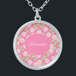 Monogram Naam Roze Groene Floral Schrijfkalligrafi Zilver Vergulden Ketting<br><div class="desc">Monogram dit  roze en groene ketting met de mond met de mond,  met jouw naam of initialen. Deze kettingen maken geweldige bruidsmaidjes cadeaus,  Moederdag geschenken en geschenken voor elke vrouw in je leven.</div>