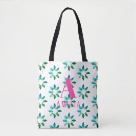 Monogram Naam Roze Groene Retro Floral Waterverf Tote Bag
