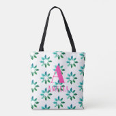 Monogram Naam Roze Groene Retro Floral Waterverf Tote Bag (Achterkant)