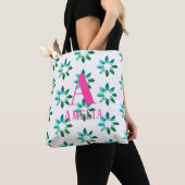 Monogram Naam Roze Groene Retro Floral Waterverf Tote Bag (Dichtbij)