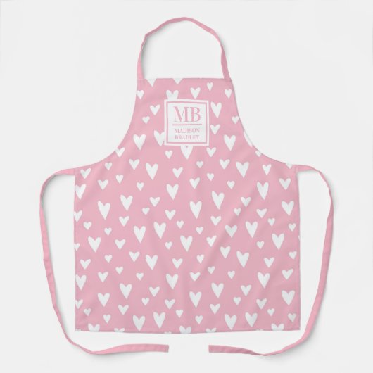 Monogram Naam Roze Modern Liefde Hart Girly Schort (Voorkant)