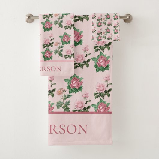 Monogram Naam Roze Rozen Bloemige Shabby Chic Bad Handdoek (Insitu)