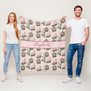 Monogram naam Roze Rozen Bloemige Shabby Chic Fleece Deken