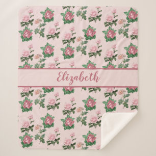 Monogram Naam Roze Rozen Bloemige Shabby Chic Sherpa Deken