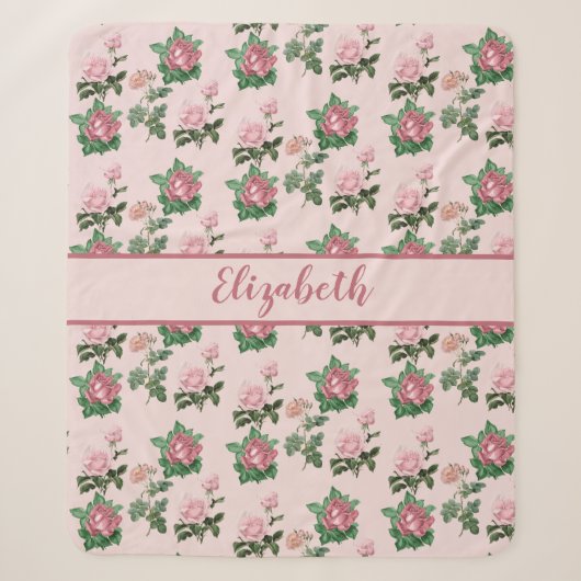 Monogram Naam Roze Rozen Bloemige Shabby Chic Sherpa Deken (Voorkant)