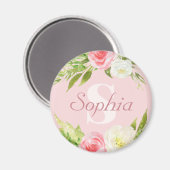 Monogram Naam Roze Waterverf Floral Magneet (Voorkant / Achterkant)