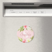 Monogram Naam Roze Waterverf Floral Magneet (Insitu (Vaatwasser))