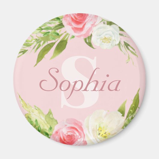 Monogram Naam Roze Waterverf Floral Magneet (Voorkant)