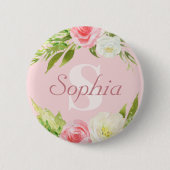 Monogram Naam Roze Waterverf Floral Ronde Button 5,7 Cm (Voorkant)