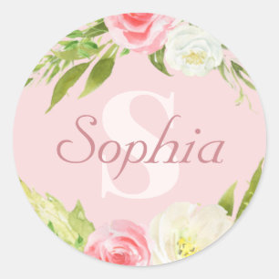 Monogram Naam Roze Waterverf Floral Ronde Sticker