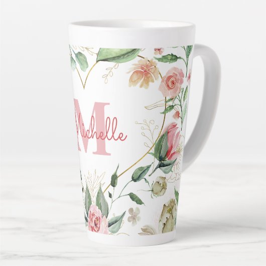 Monogram Naam Roze Wit Rose Waterverf Bloemen Latte Mok (Rechterhoek)