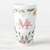 Monogram Naam Roze Wit Rose Waterverf Bloemen Latte Mok (Voorkant)